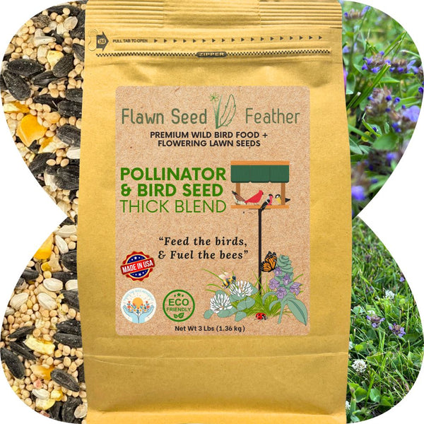 Flawn Seed Feather bird seed package with a natural background
