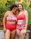 Model wearing Thunderpants Pomegranate Punch Sky Rise high-rise underwear, size XL