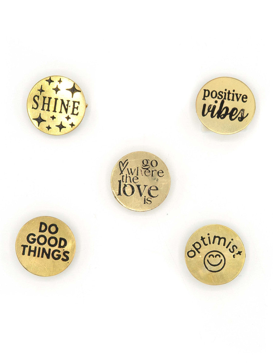 Recycled brass positivity pins handmade by women artisans in India – nickel-free, 1 inch, fair trade jewellery