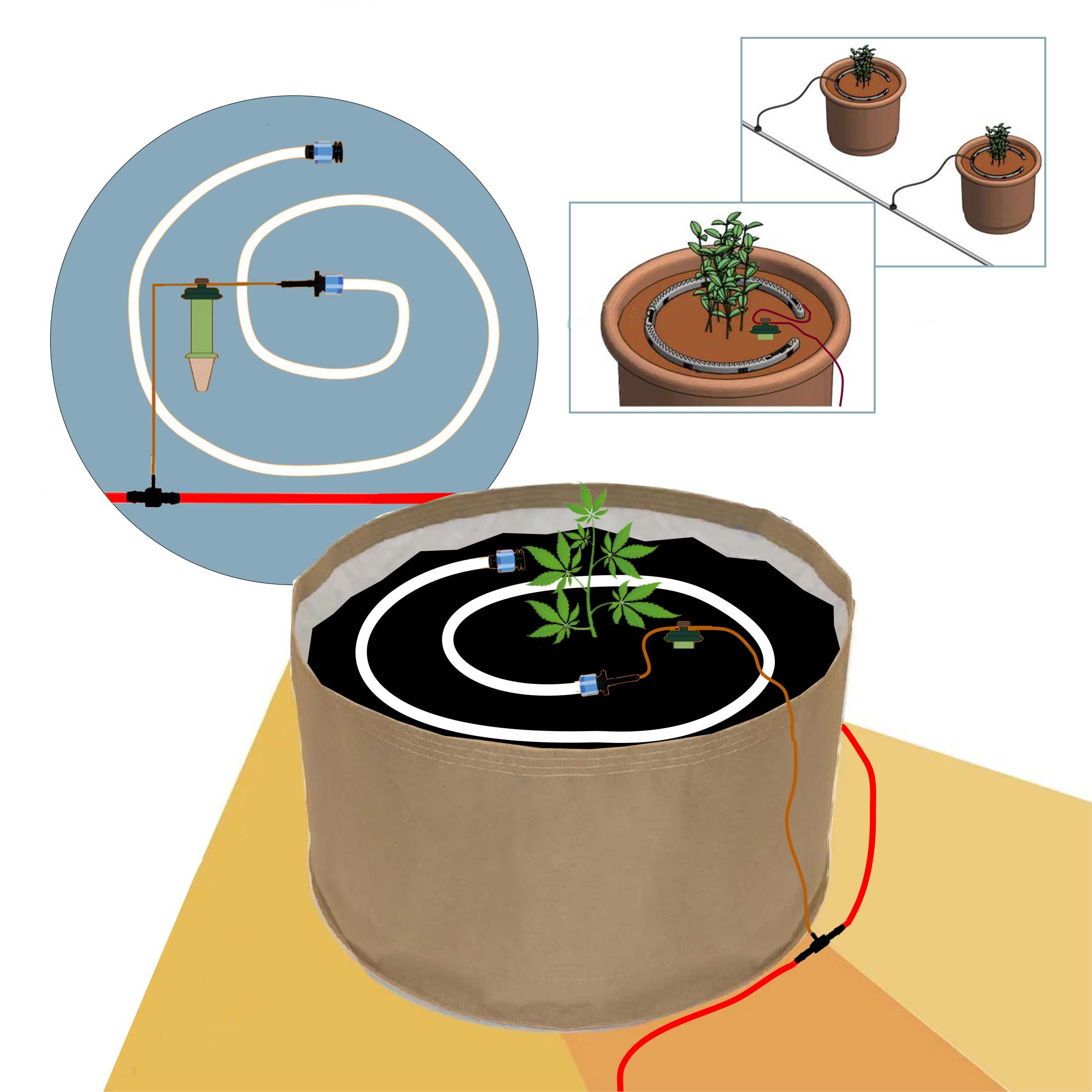 Blumat irrigation sensors installed in plant pots with moisture-sensing setup