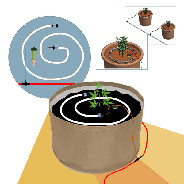 Blumat irrigation sensors installed in plant pots with moisture-sensing setup