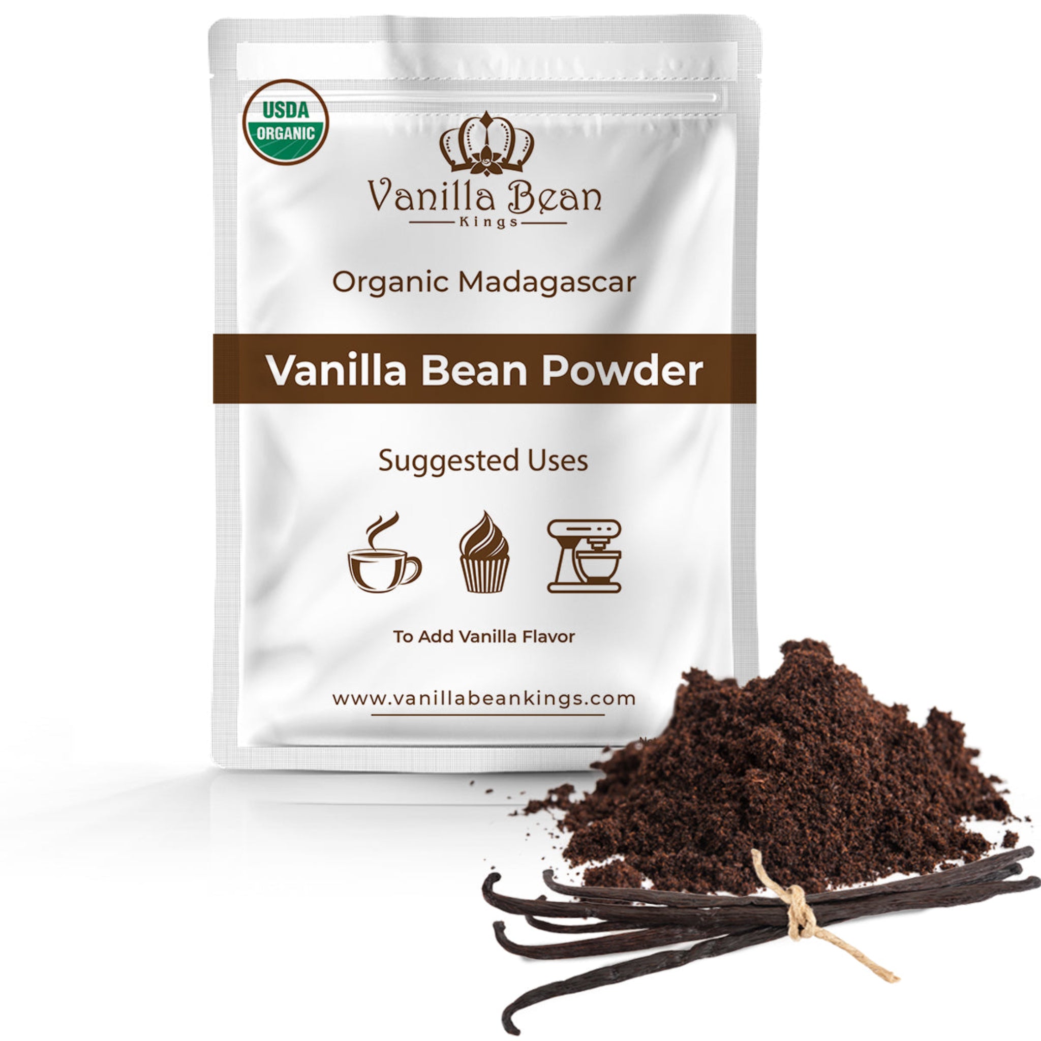 Vanilla Bean Powder package with vanilla beans on a white background