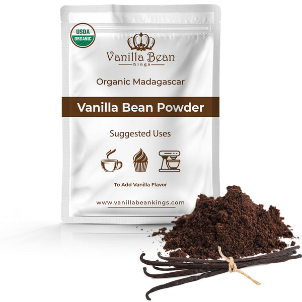 Vanilla Bean Powder package with vanilla beans on a white background