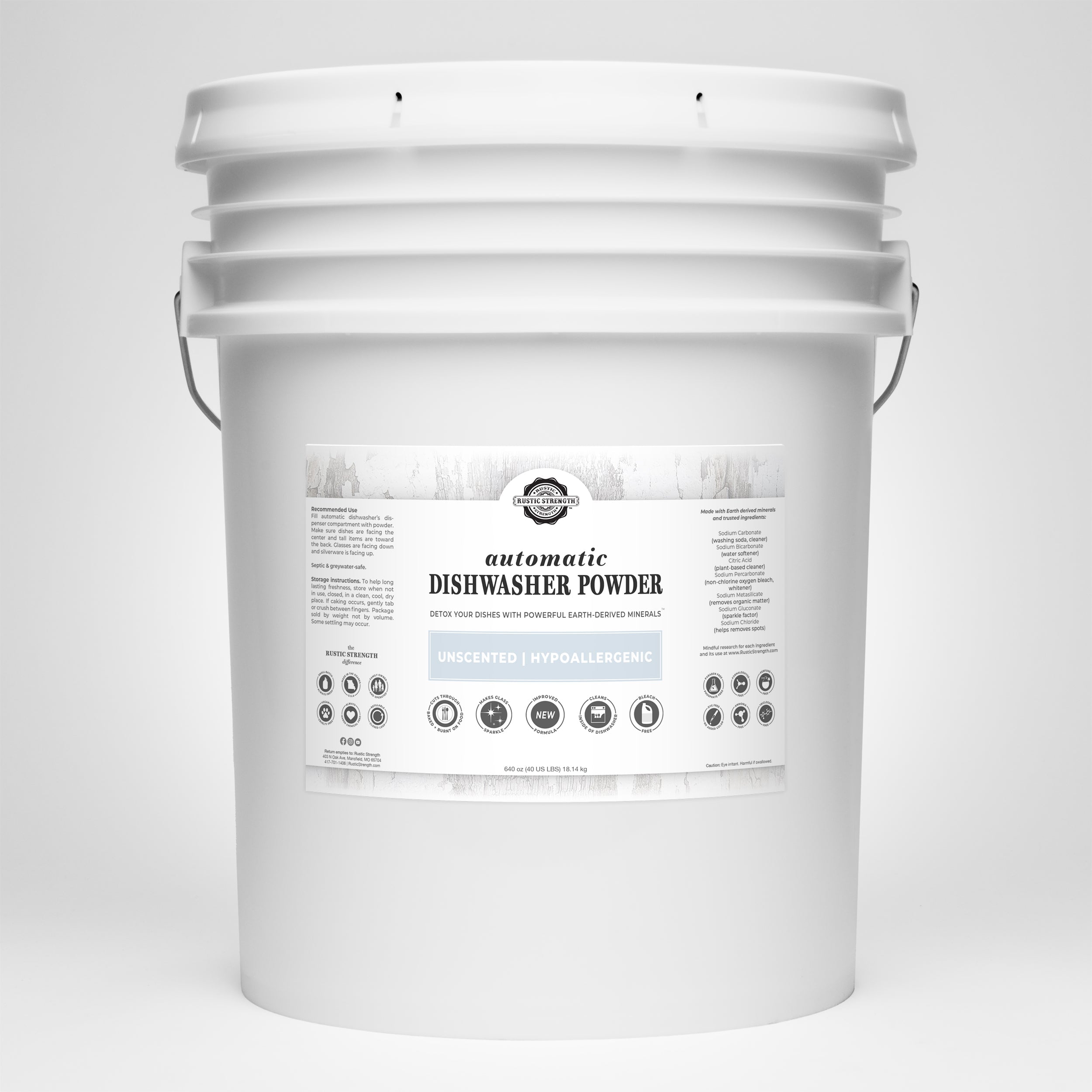 White bucket of dishwasher powder with a label on a white background