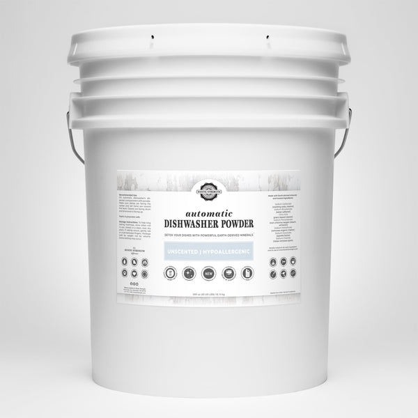 White bucket of dishwasher powder with a label on a white background