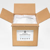 Open cardboard box with dishwasher powder inside on a white background