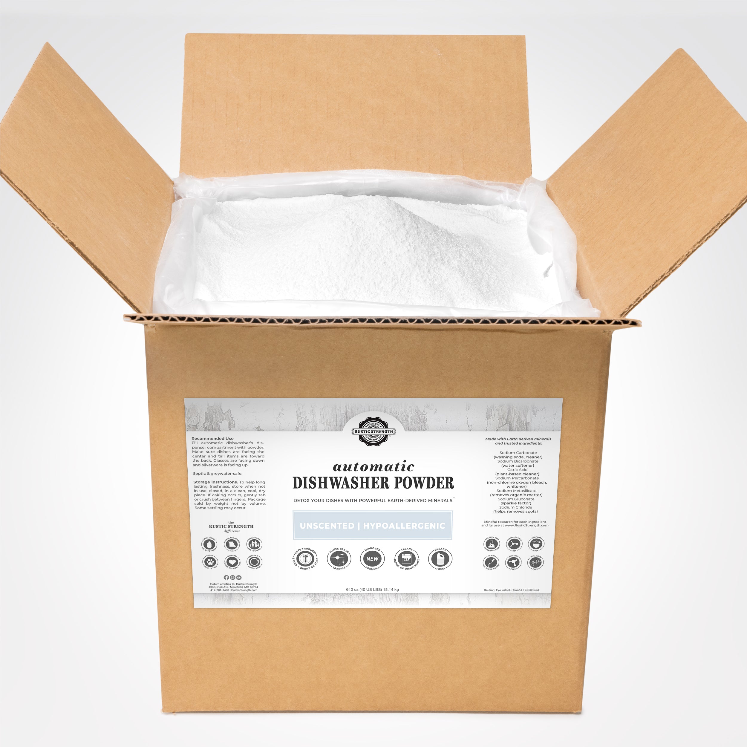 Cardboard box with a label for automatic dishwasher powder on a white background