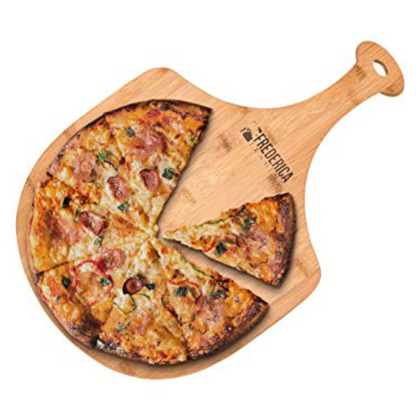 Frederica Trading's Bamboo Pizza Peel & Cutting Board is a versatile kitchen tool. Made from eco-friendly bamboo, it easily transfers pizzas, serves as a cutting board, and doubles as a serving tray. Shop now and enjoy safe, convenient food prep!