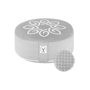 Gayo Premium Buckwheat Meditation Cushion in gray with white floral pattern on a white background