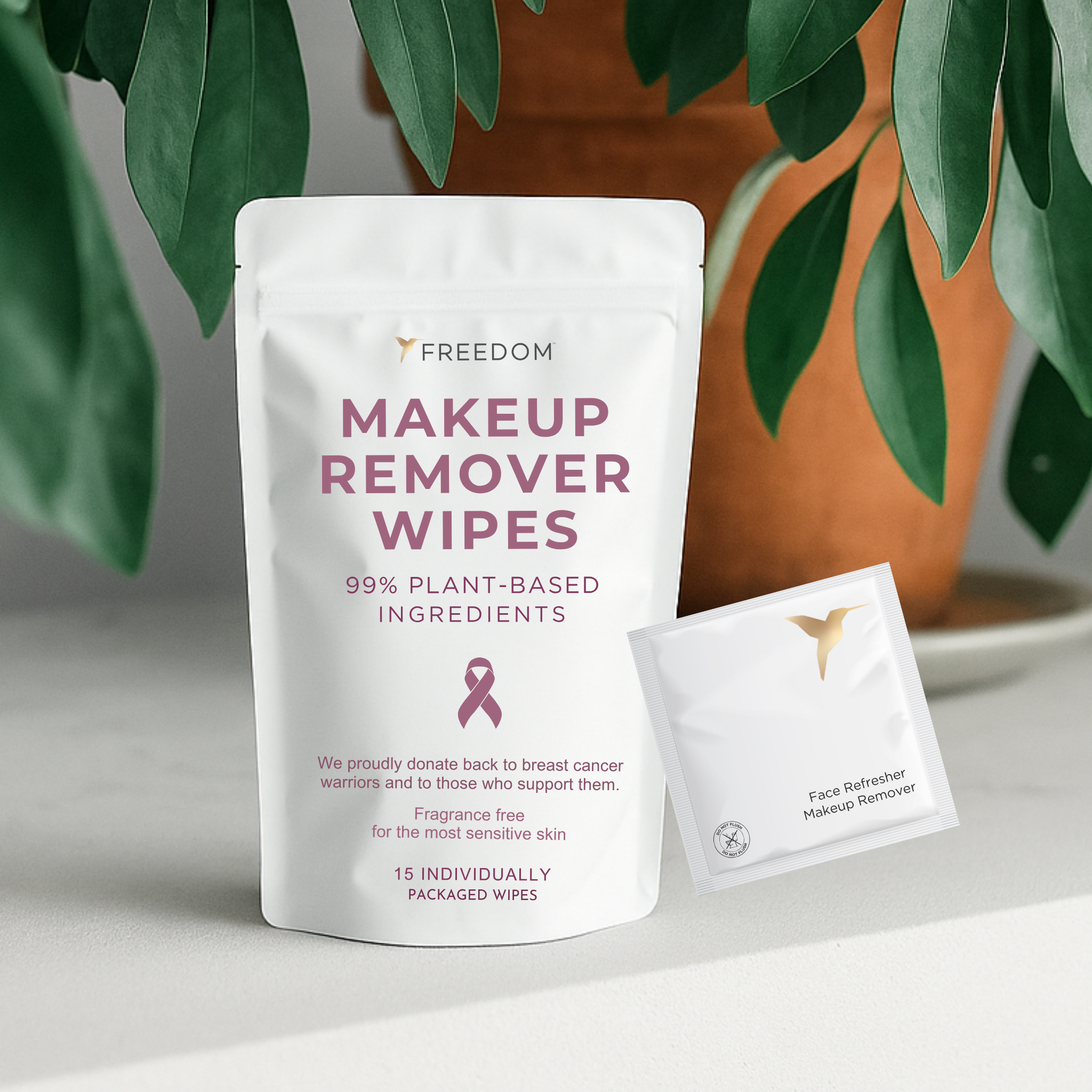 Freedom Natural unscented makeup remover wipes individually packaged for on-the-go use