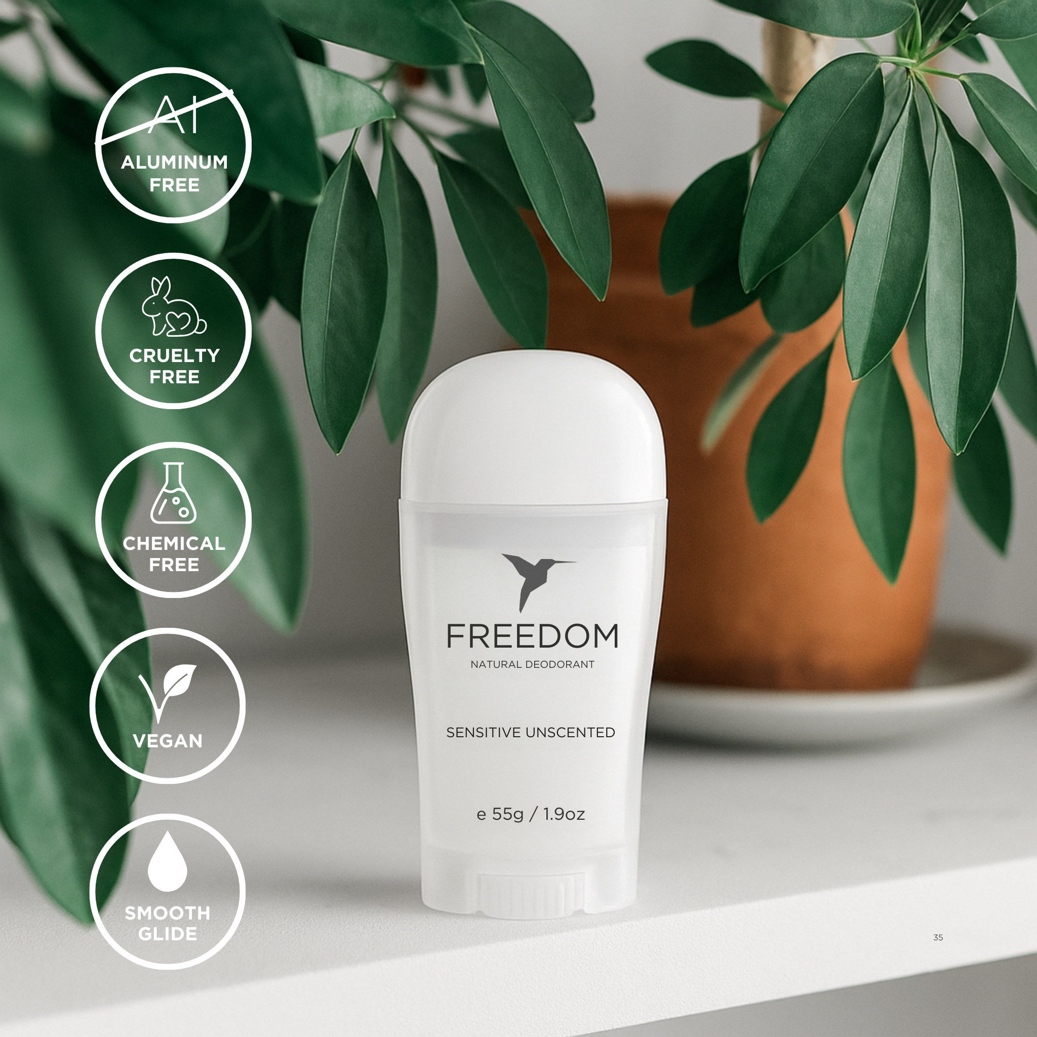 Freedom natural deodorant bottle with green leaves in the background