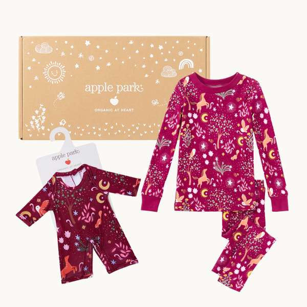 Bamboo blend Woodland Dreams kids pyjamas with matching doll pyjama set by Apple Park — forest print, eco-friendly sleepwear for children
