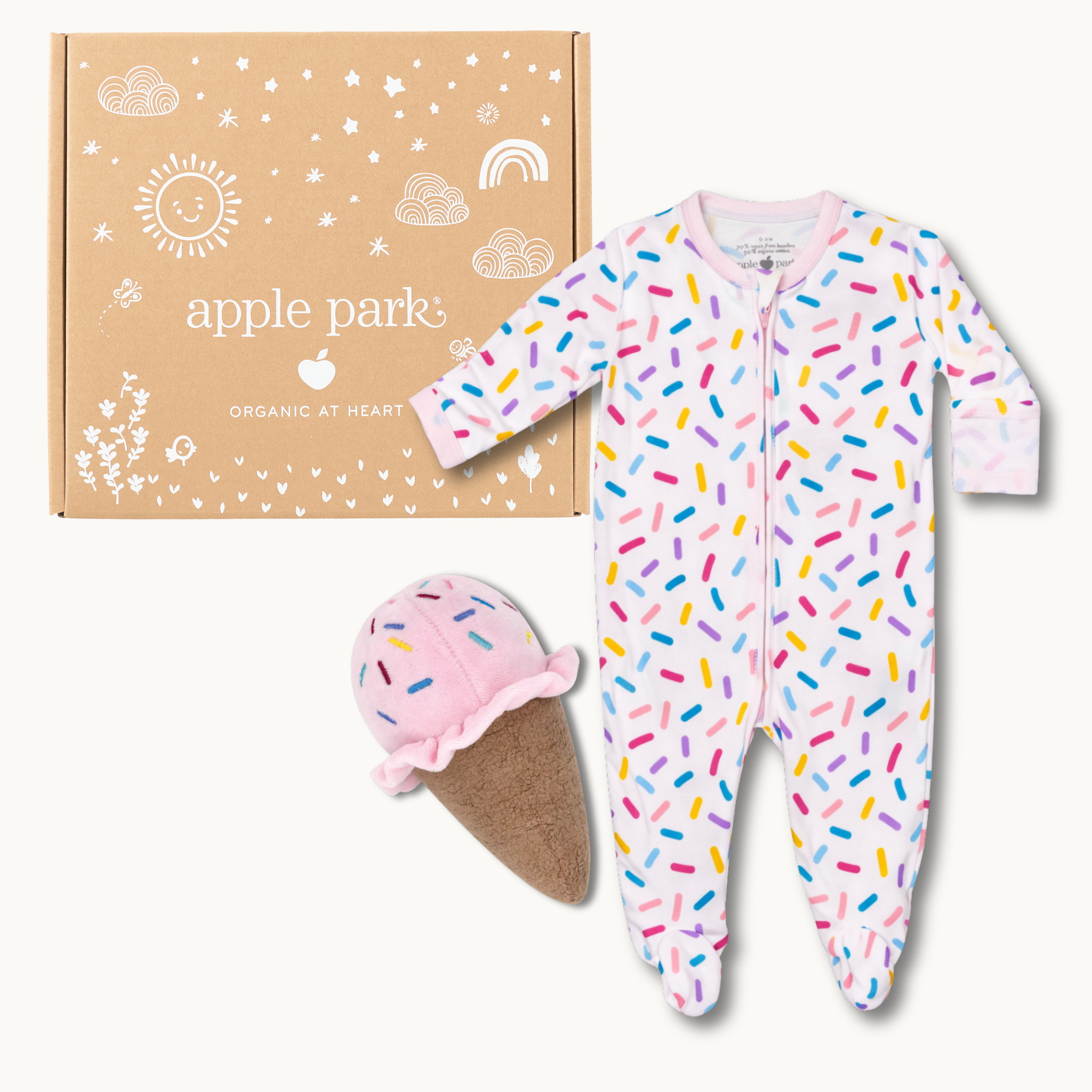 Apple Park Sugar Rush bamboo blend baby footie and organic ice cream rattle gift set in a playful sprinkle print