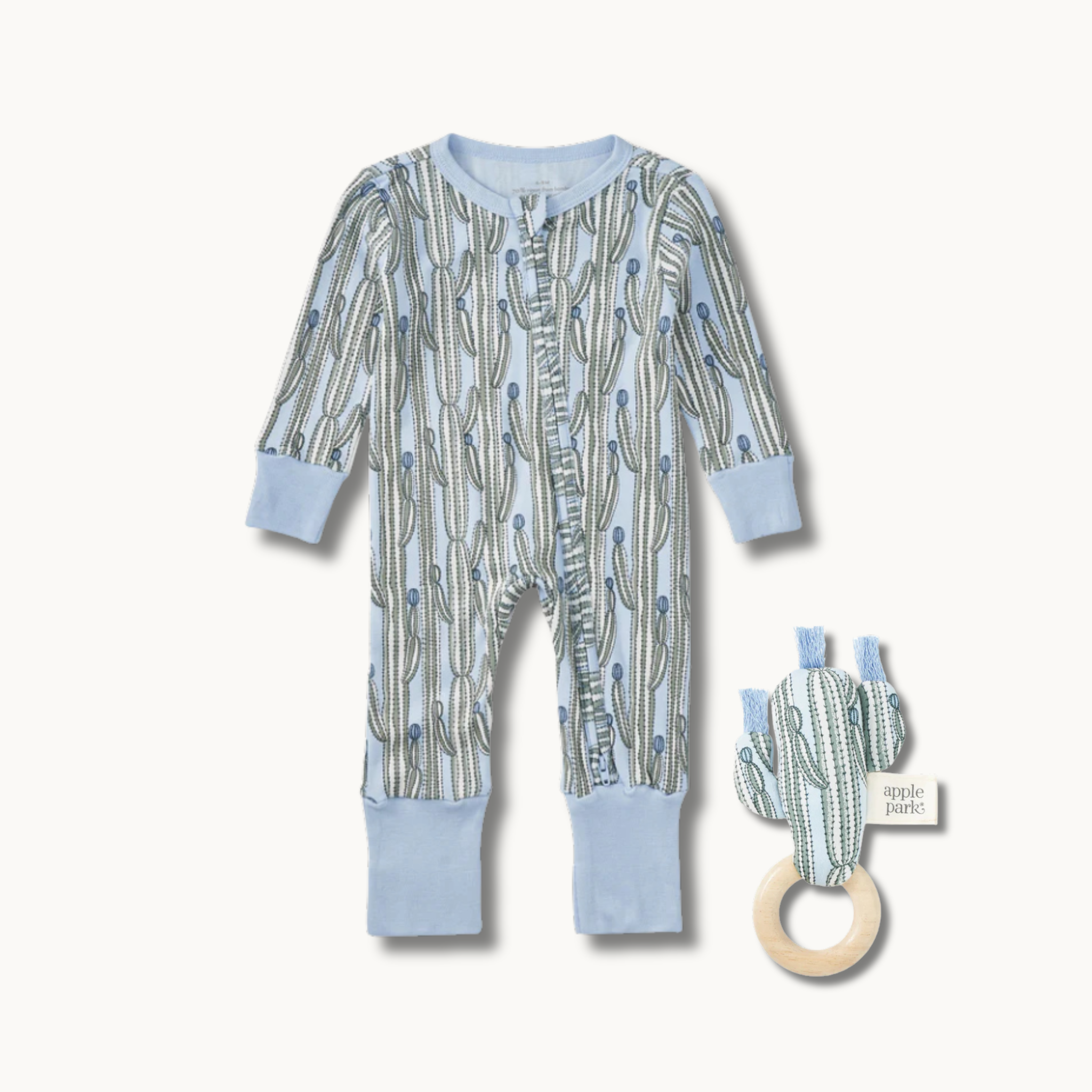 Apple Park Blooming Saguaro convertible baby coverall and teething rattle gift set in bamboo and organic cotton