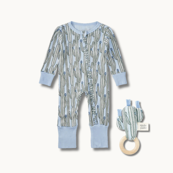 Apple Park Blooming Saguaro convertible baby coverall and teething rattle gift set in bamboo and organic cotton