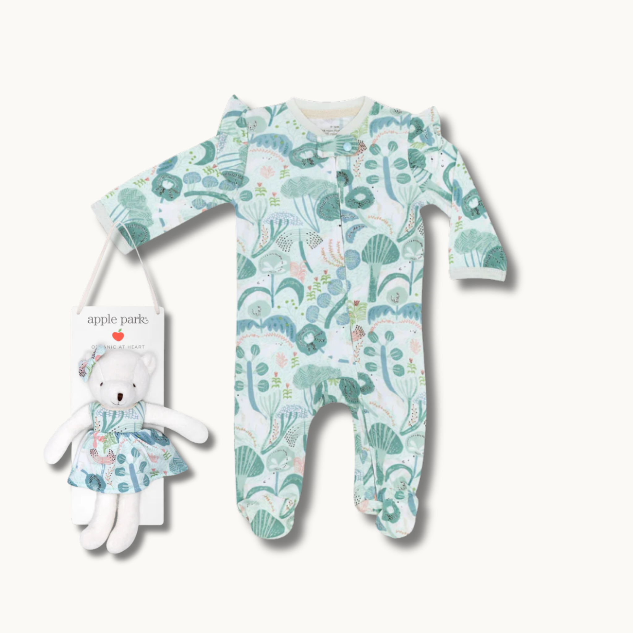 Bamboo blend baby zipper footie in Minty Bear Bloom with coordinating organic cotton sherpa bear plush wearing a matching bamboo dress, by Apple Park
