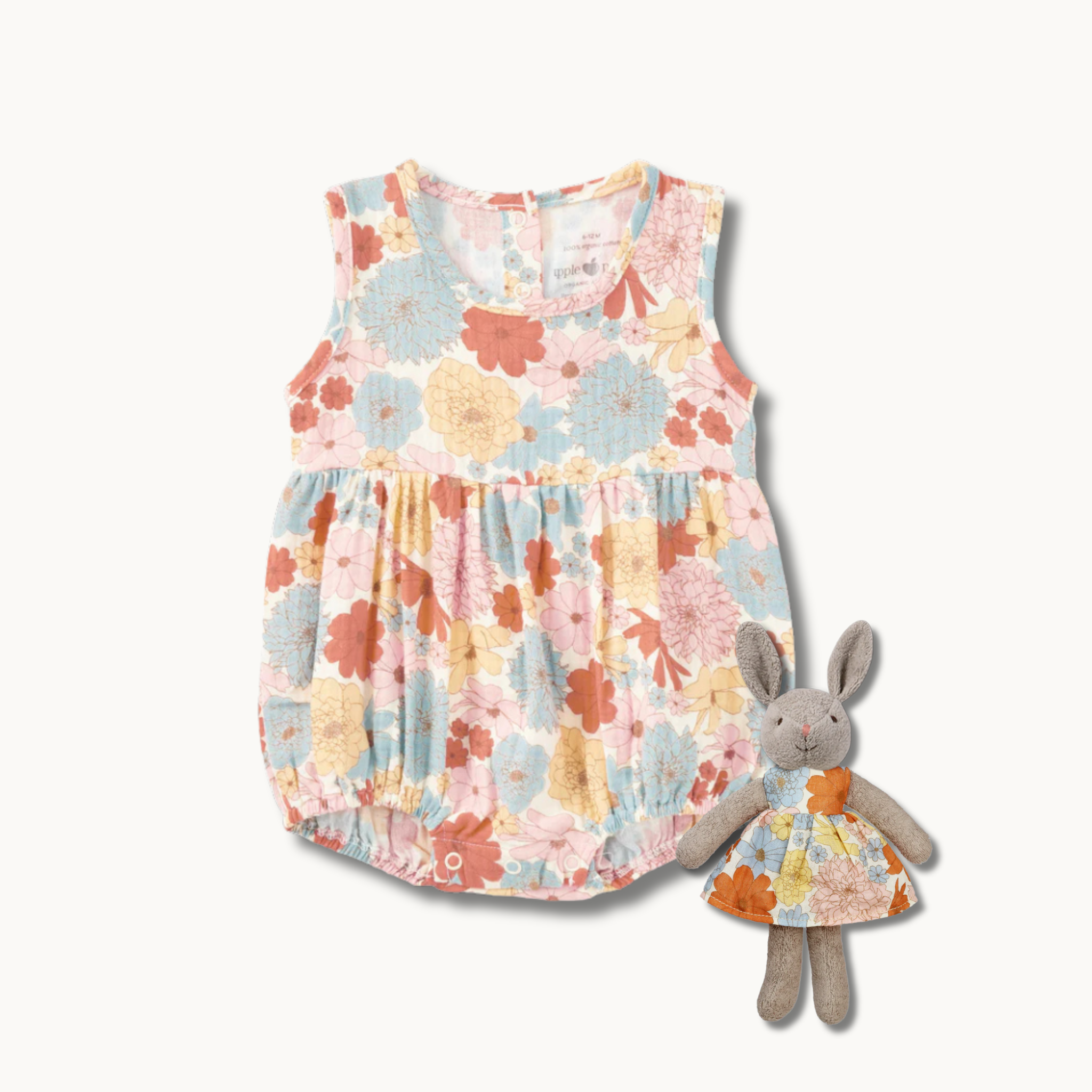Organic cotton muslin bubble romper and matching plush bunny set in Wild Flower Picnic print by Apple Park