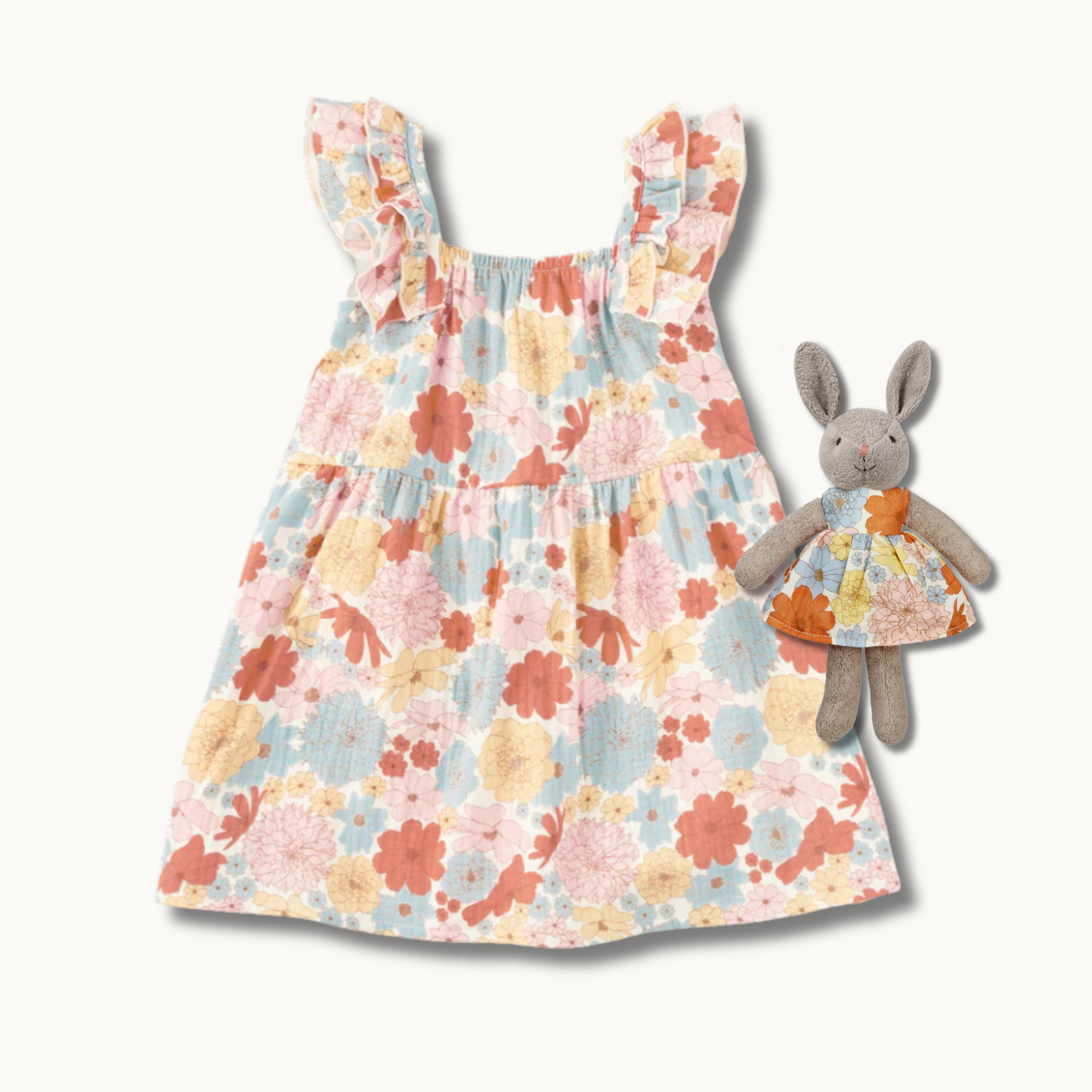 Organic cotton muslin flutter strap dress in Wildflower Picnic print with matching embroidered plush bunny by Apple Park & Organic Farm Buddies