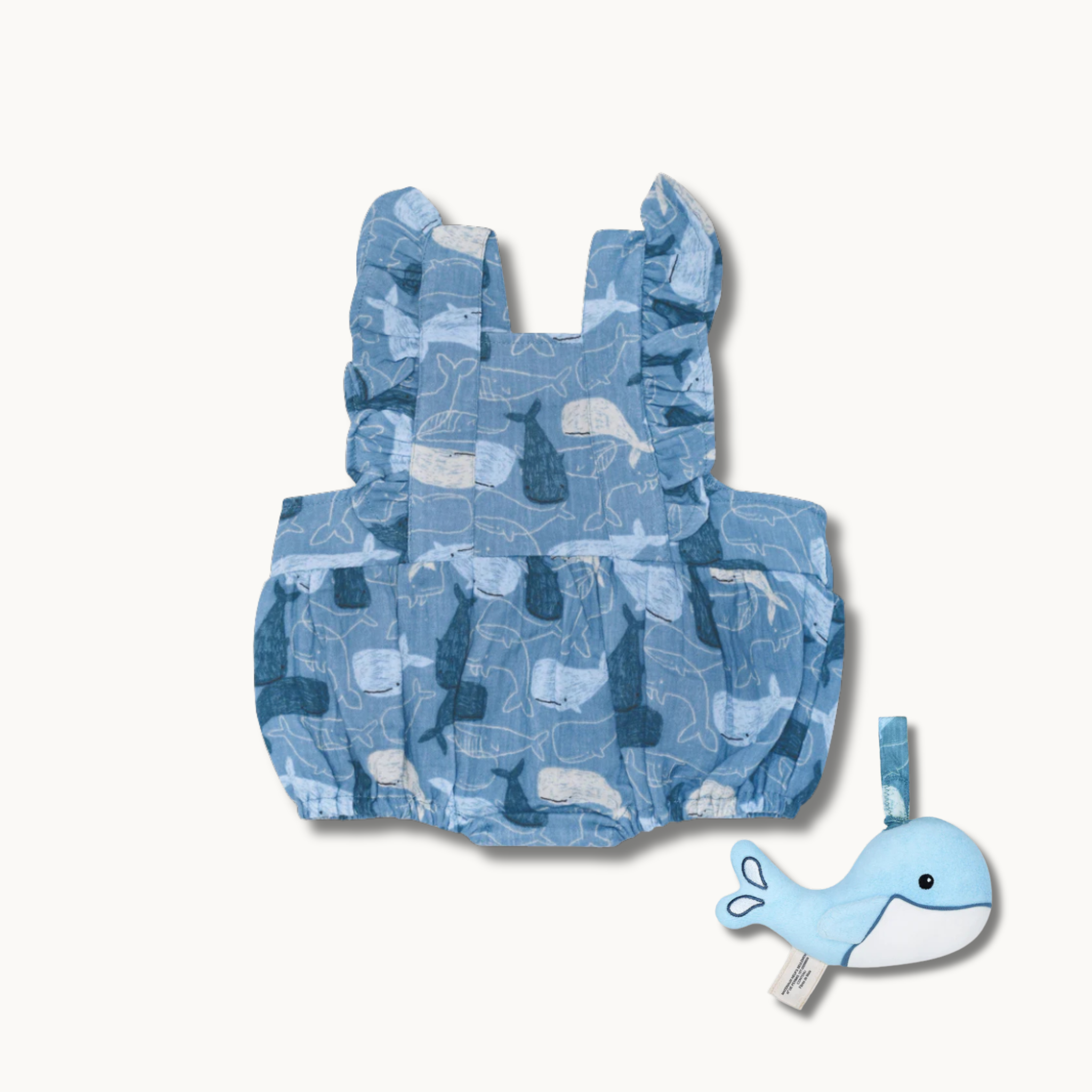 Organic cotton muslin flutter-sleeve baby romper and soft whale stroller toy gift set by Apple Park – Whale Tales bundle