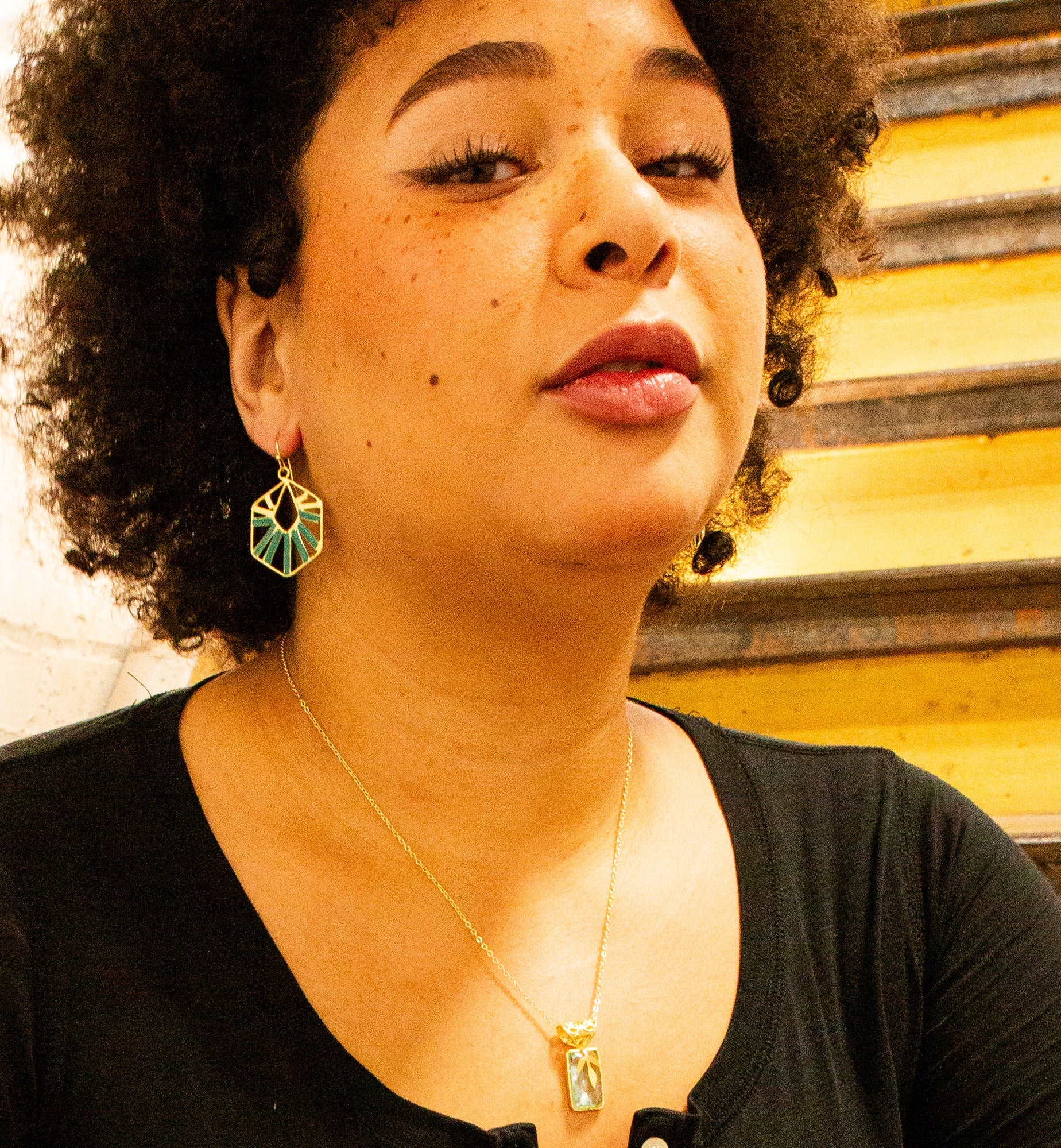 Promenade Glass Pendant Necklace styled with Teal Opulence Earrings, layered jewellery look by Fair Anita