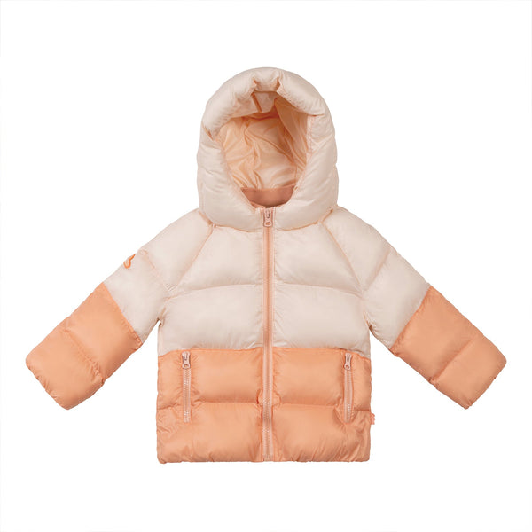 Mon Coeur Colorblock Puffer Jacket: Eco-friendly warmth for kids! Made with recycled materials & Thermore® eco-insulation. Water-repellent, wind-resistant, warm to -20°C. Soft pink & terracota. 