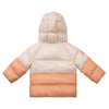 Mon Coeur Colorblock Puffer Jacket: Eco-friendly warmth for kids! Made with recycled materials & Thermore® eco-insulation. Water-repellent, wind-resistant, warm to -20°C. Soft pink & terracota. 