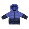 Mon Coeur Colorblock Puffer Jacket: Eco-friendly warmth for kids! Made with recycled materials & Thermore® eco-insulation. Water-repellent, wind-resistant, warm to -20°C. Soft peri blue & navy.