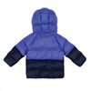 Mon Coeur Colorblock Puffer Jacket: Eco-friendly warmth for kids! Made with recycled materials & Thermore® eco-insulation. Water-repellent, wind-resistant, warm to -20°C. Soft peri blue & navy.