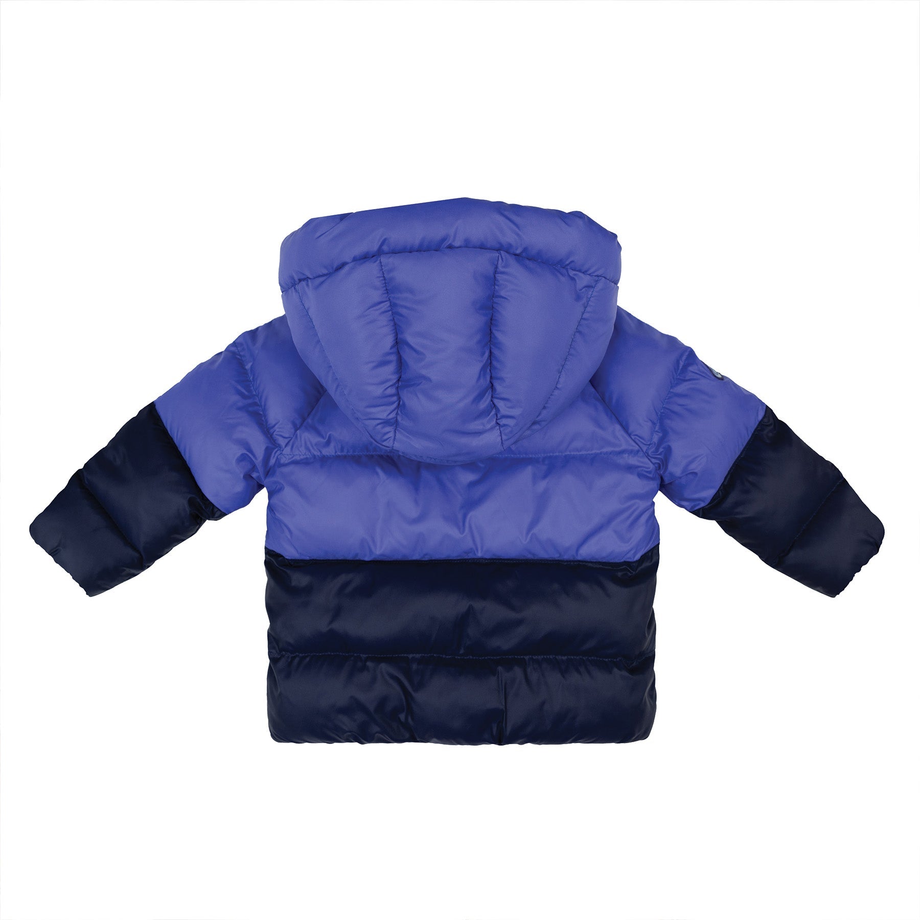 Mon Coeur Colorblock Puffer Jacket: Eco-friendly warmth for kids! Made with recycled materials & Thermore® eco-insulation. Water-repellent, wind-resistant, warm to -20°C. Soft peri blue & navy.