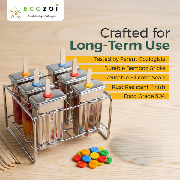 Stainless Steel Popsicle Molds Set of 6 with Reusable Bamboo Sticks – Plastic-Free
