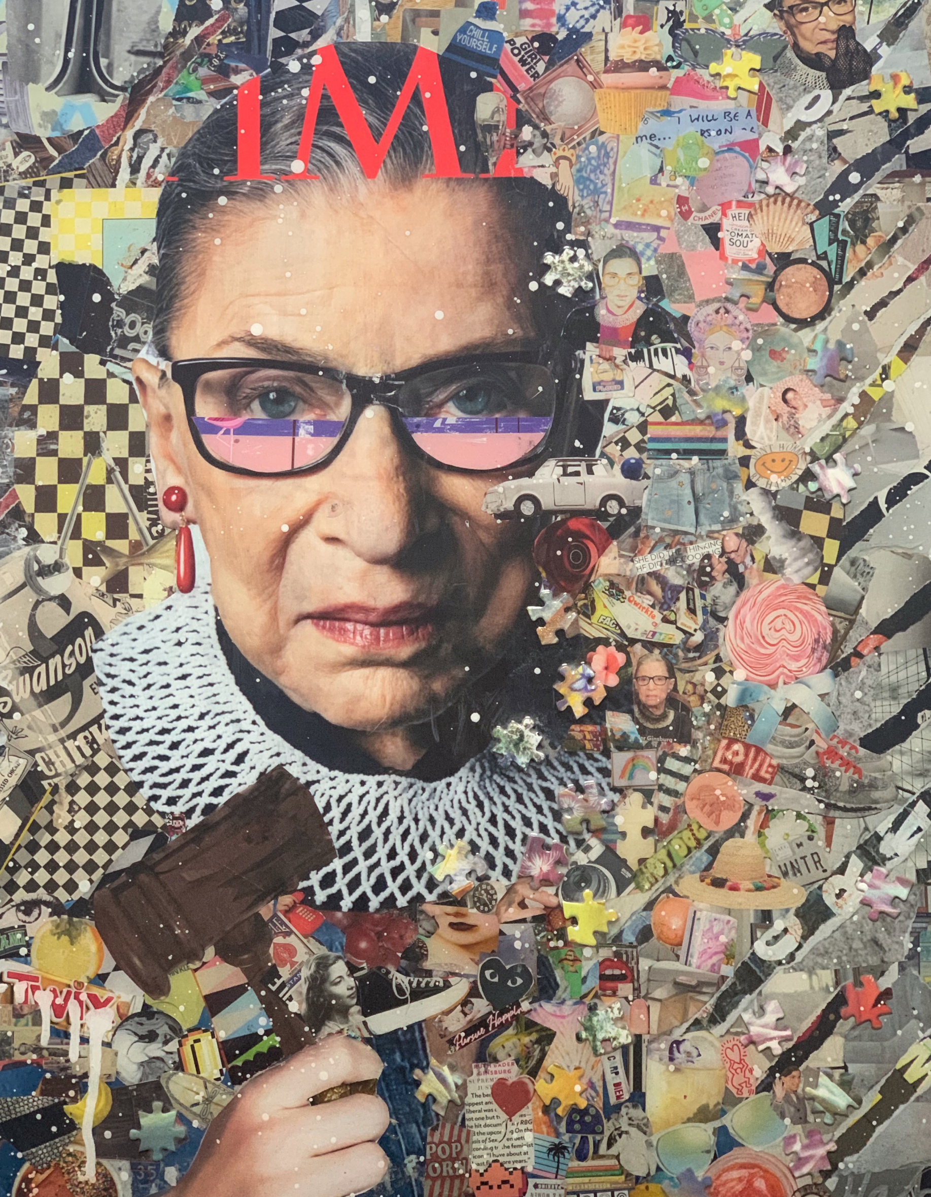 Collage of a person with a colorful, chaotic background