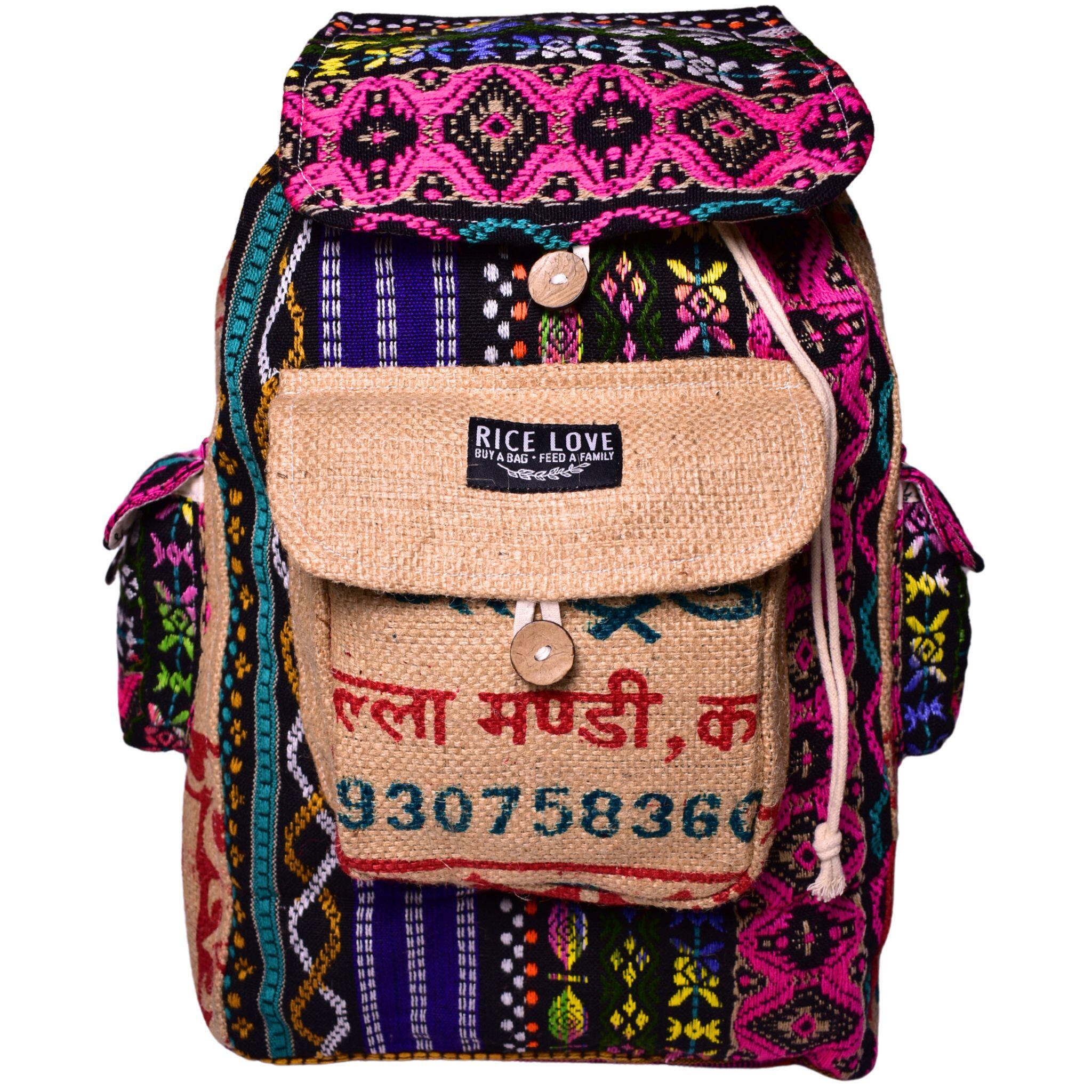 Recycled Travel Backpack Dana made from upcycled jute and burlap rice bags