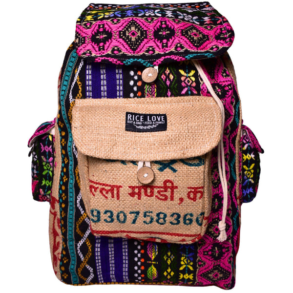 Recycled Travel Backpack Dana made from upcycled jute and burlap rice bags