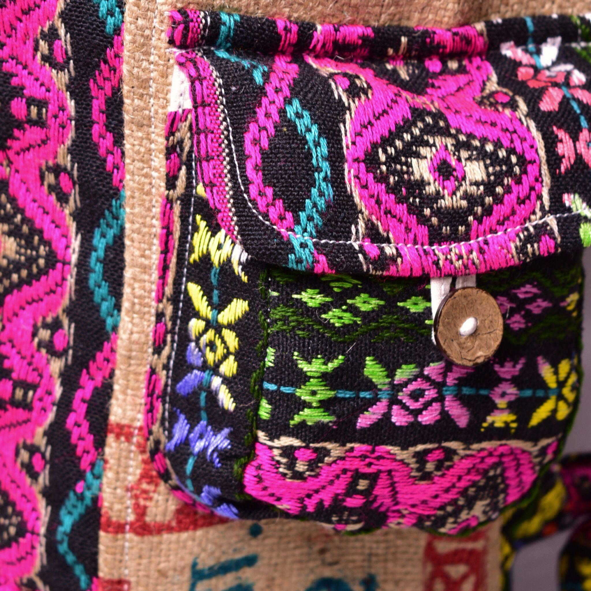 Recycled Travel Backpack Dana close-up of burlap material details