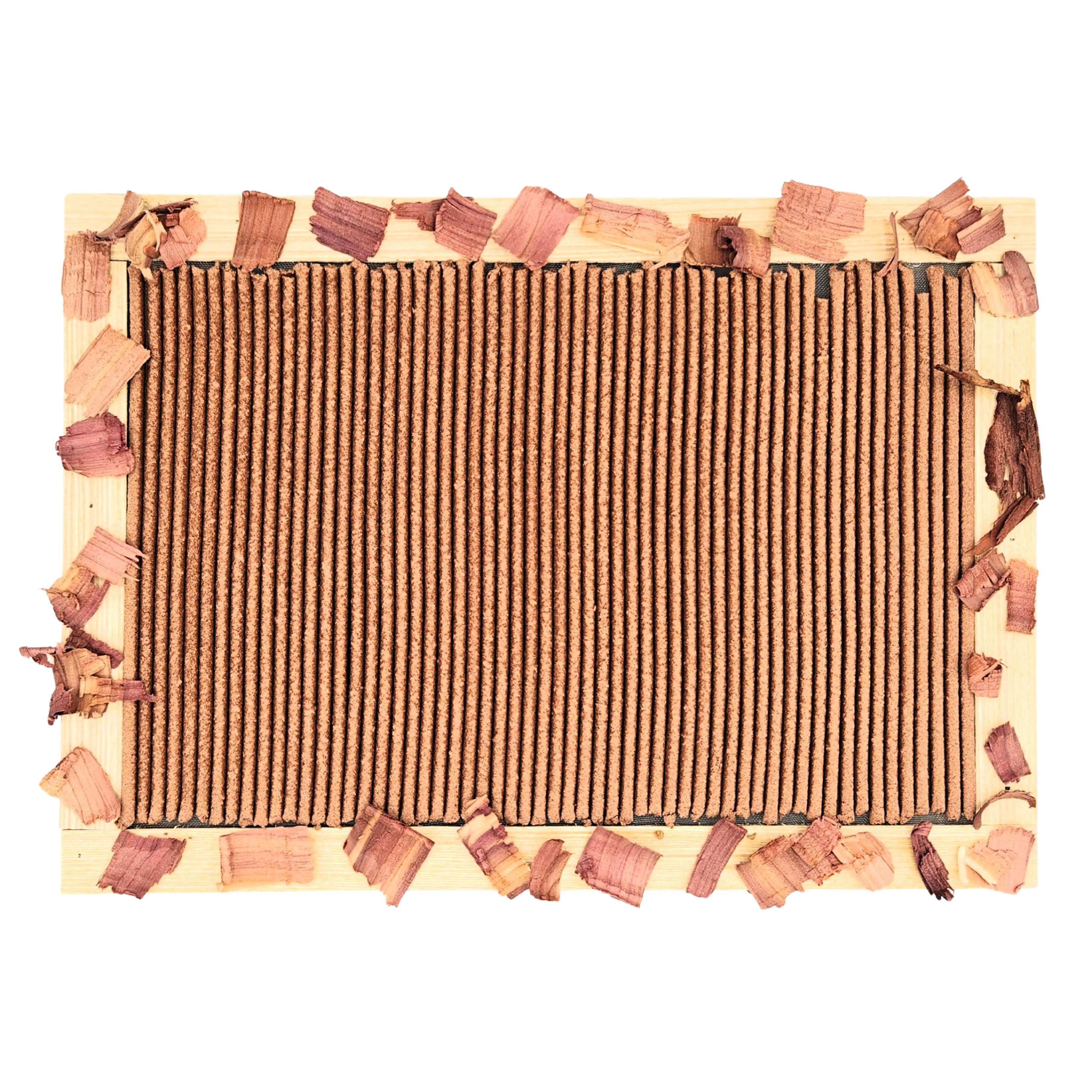 Cat scratch pad with corrugated cardboard center and wooden border on a white background