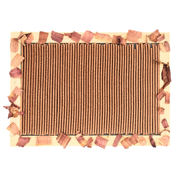 Cat scratch pad with corrugated cardboard center and wooden border on a white background