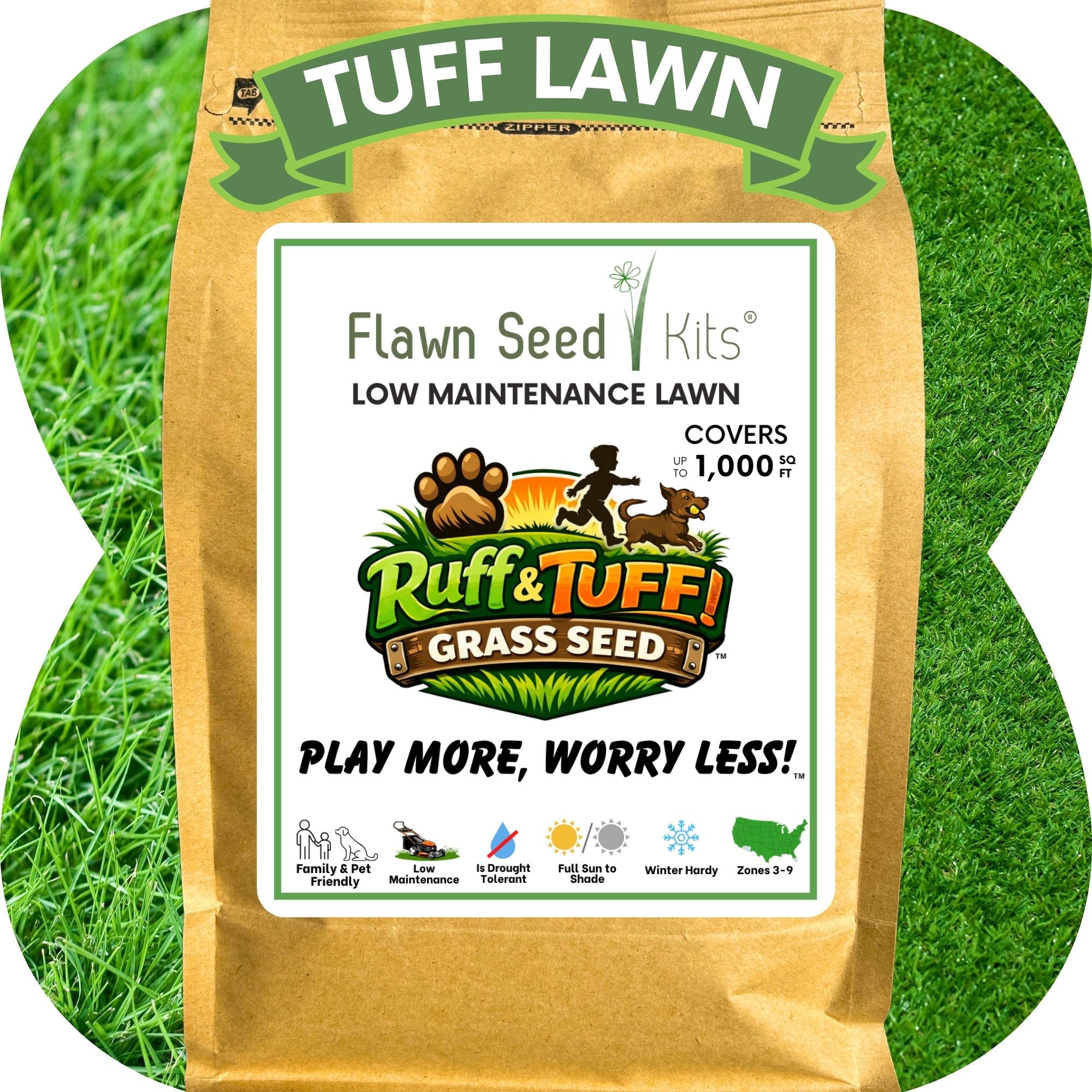 Tuff Lawn grass seed package with green grass background