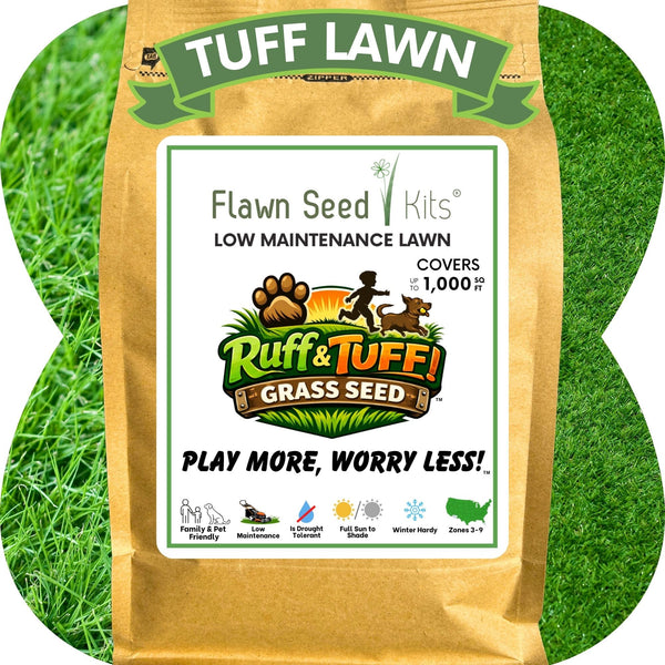 Tuff Lawn grass seed package with green grass background
