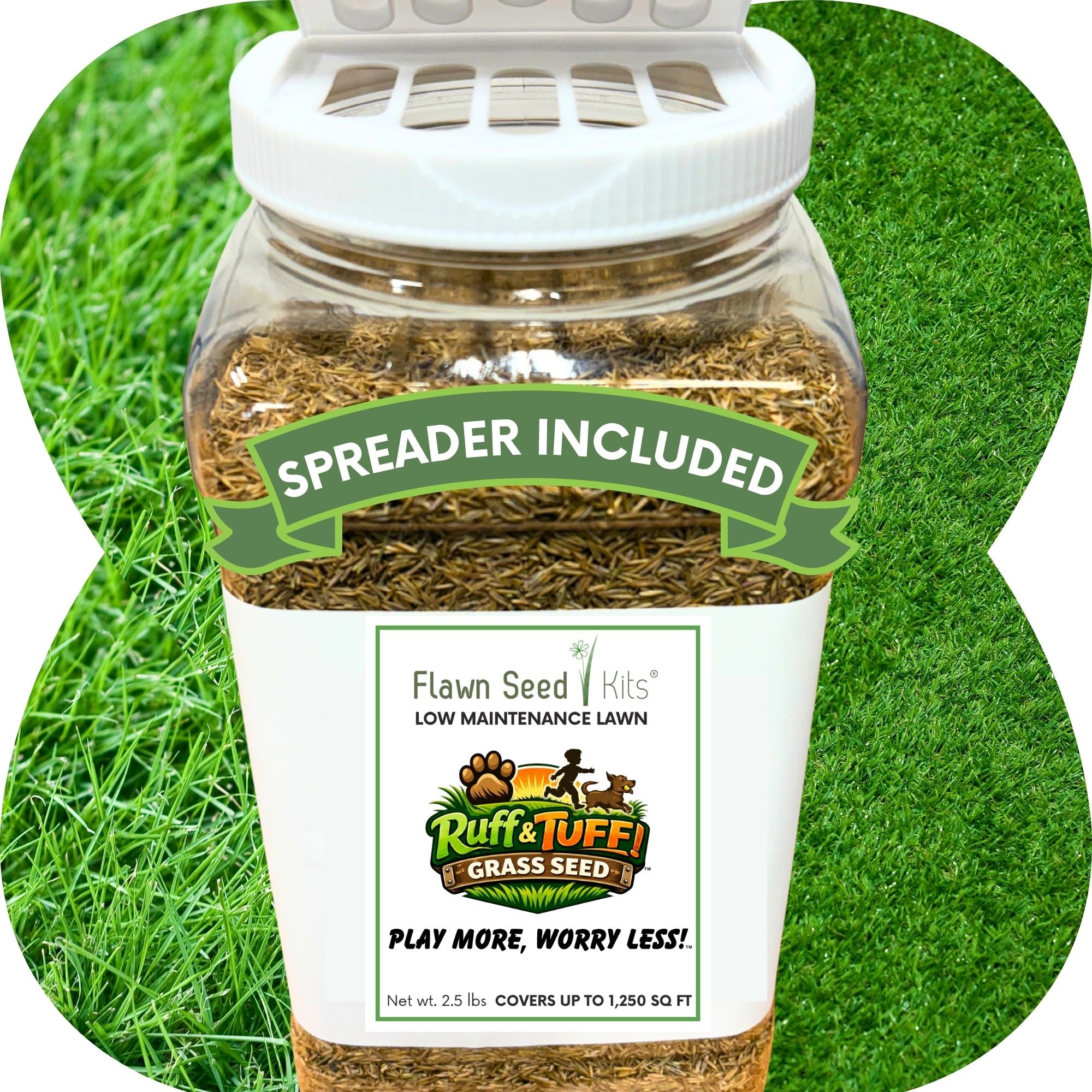 Jar of grass seed with a spreader included, set against a green grass background.