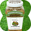 Jar of grass seed with a spreader included, set against a green grass background.