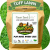 Tuff Lawn grass seed package with branding and product details on a grassy background
