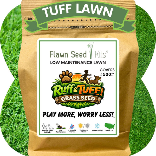 Tuff Lawn grass seed package with branding and product details on a grassy background