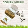Spice jar with seeds on a wooden background, featuring the text 'Spreader Included!' and a brand logo.