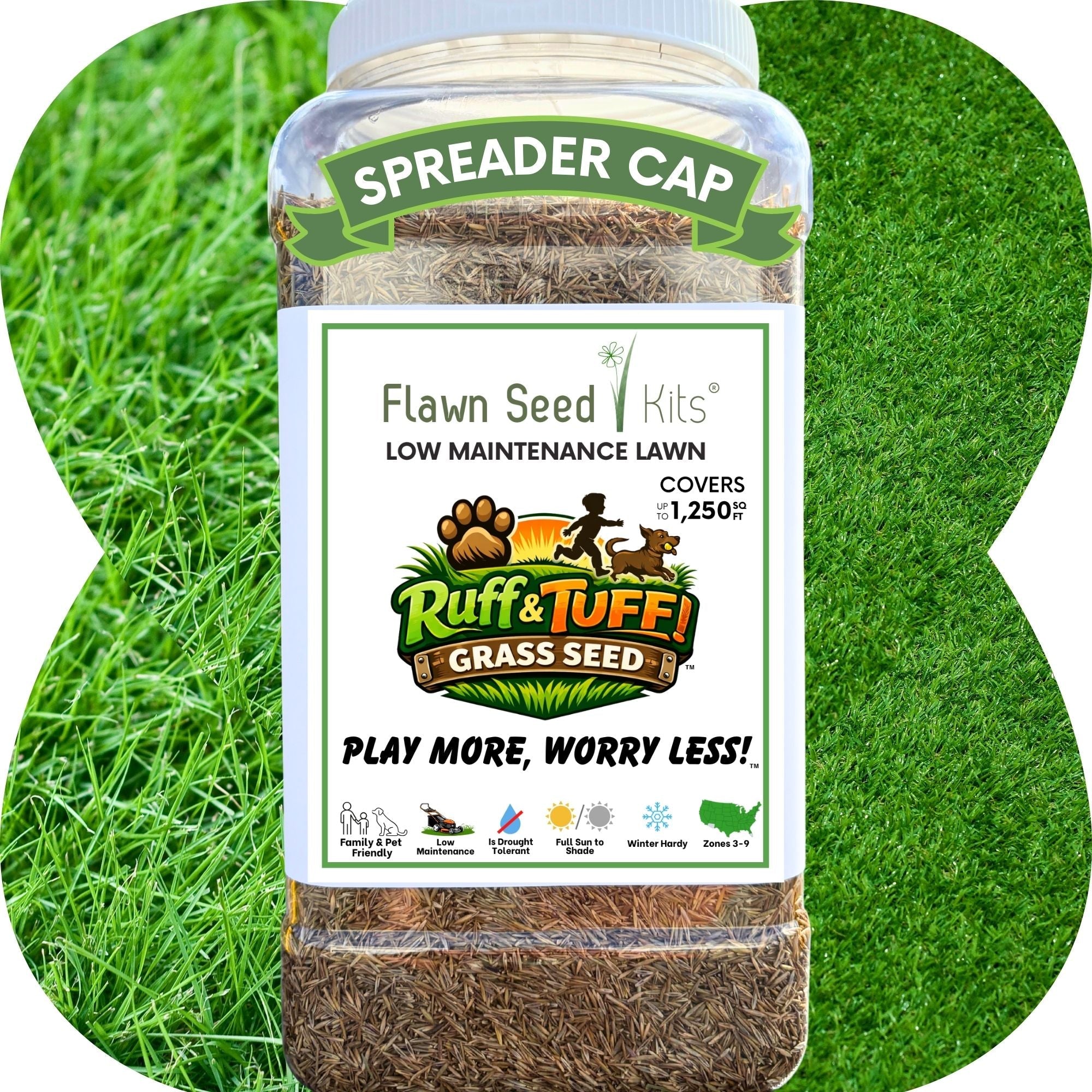 Grass seed container with 'Ruff & Tuff!' branding on a grassy background
