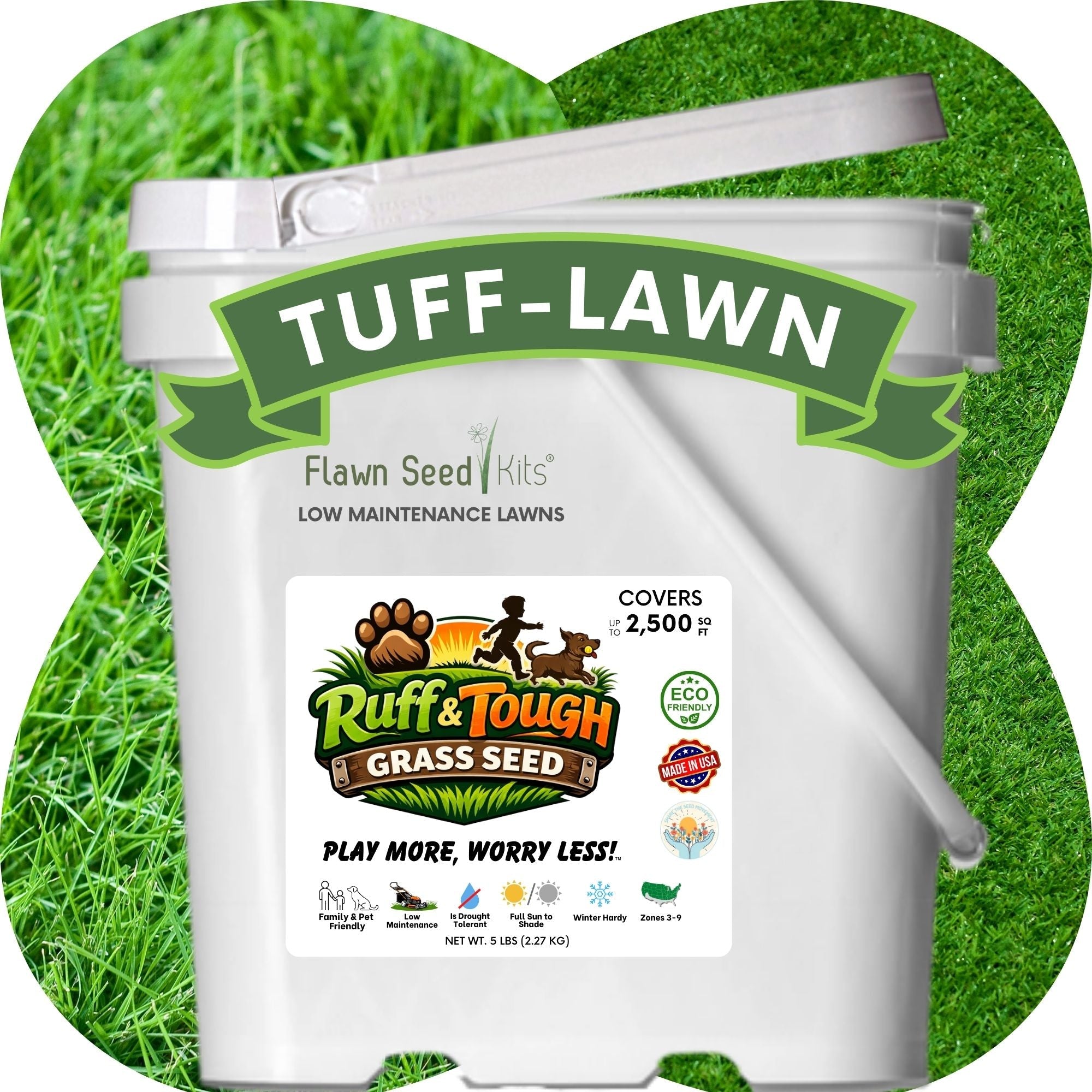 Tuff-Lawn grass seed container with a green grass background