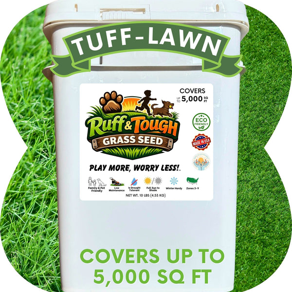 Ruff & Tough Grass Seed container with Tuff-Lawn branding on a grassy background