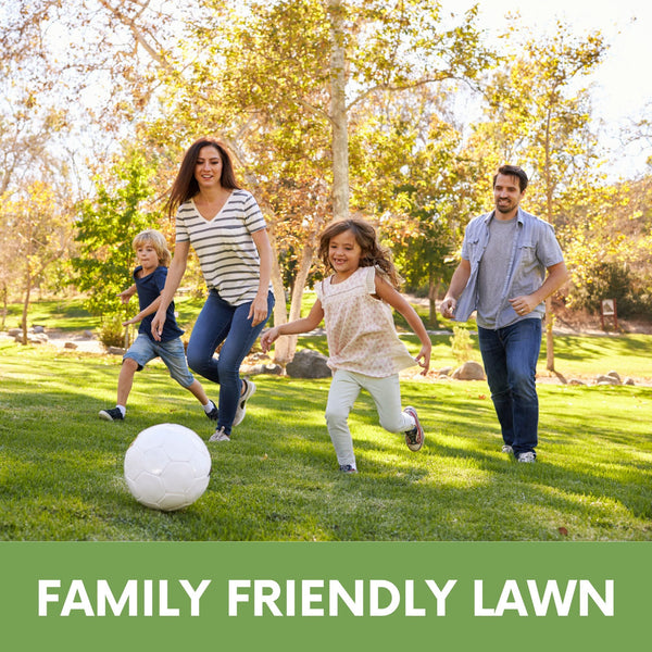 Family and dog playing on a healthy green lawn grown with RUFF & TUFF! grass seed