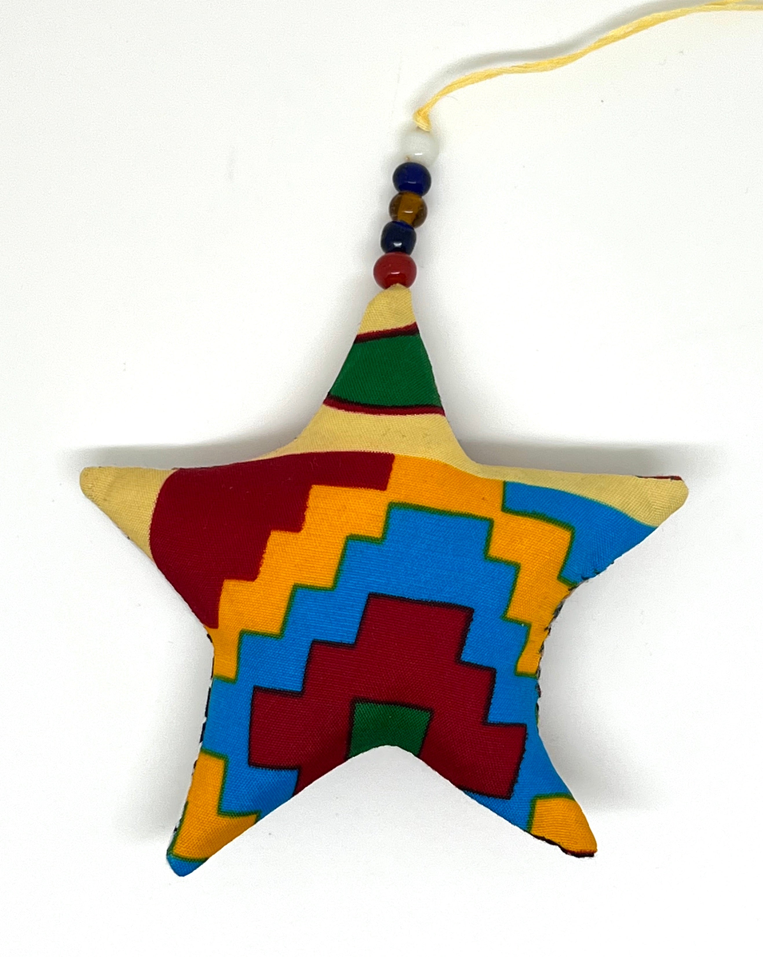 Handmade star-shaped African wax print ornament with colourful patchwork Ankara fabric