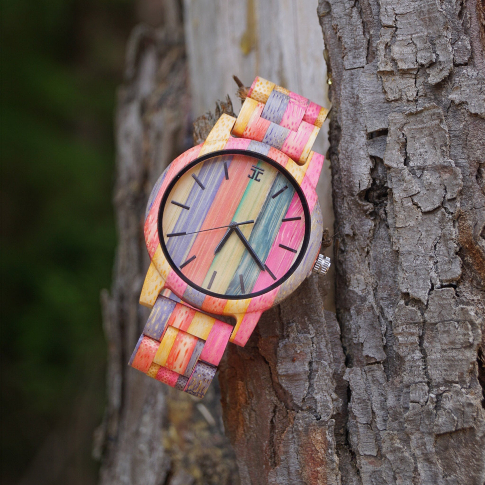 Colorful wooden watch on a tree trunk