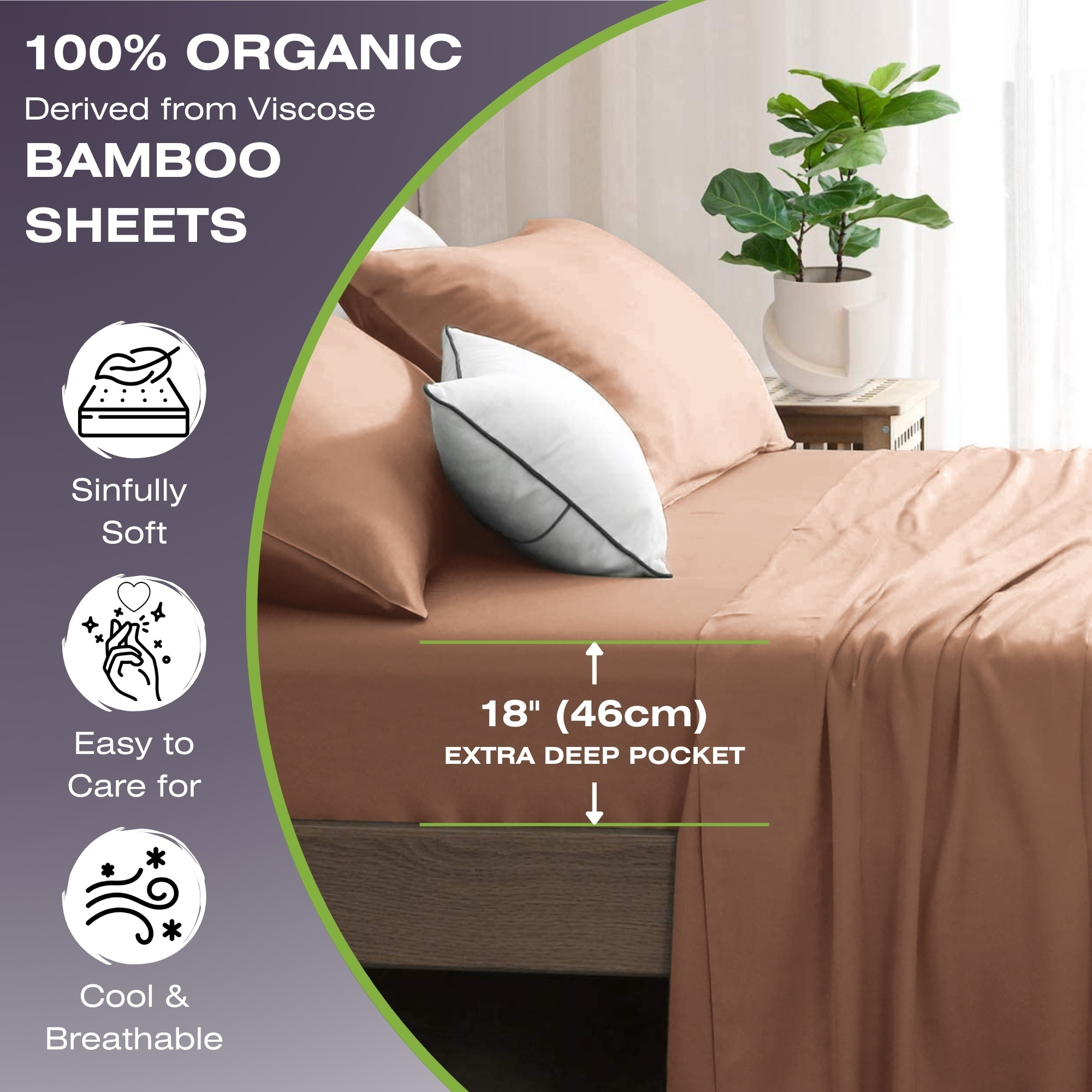 Brown bamboo sheets on a bed with text highlighting features like '100% Organic' and 'Extra Deep Pocket'.